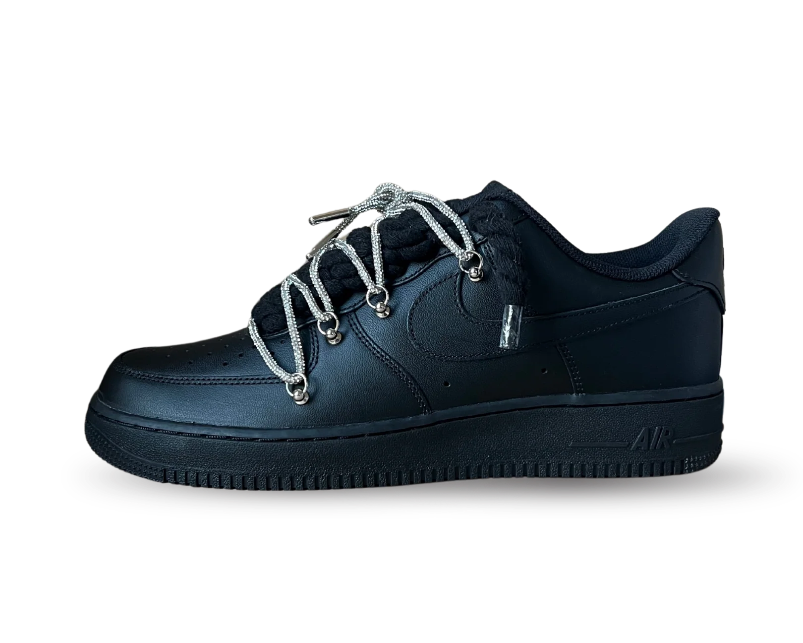 NIKE AIR FORCE 1 LOW 07 TRIPLE BLACK / BLACK ROPE DIAMOND GREY LACE