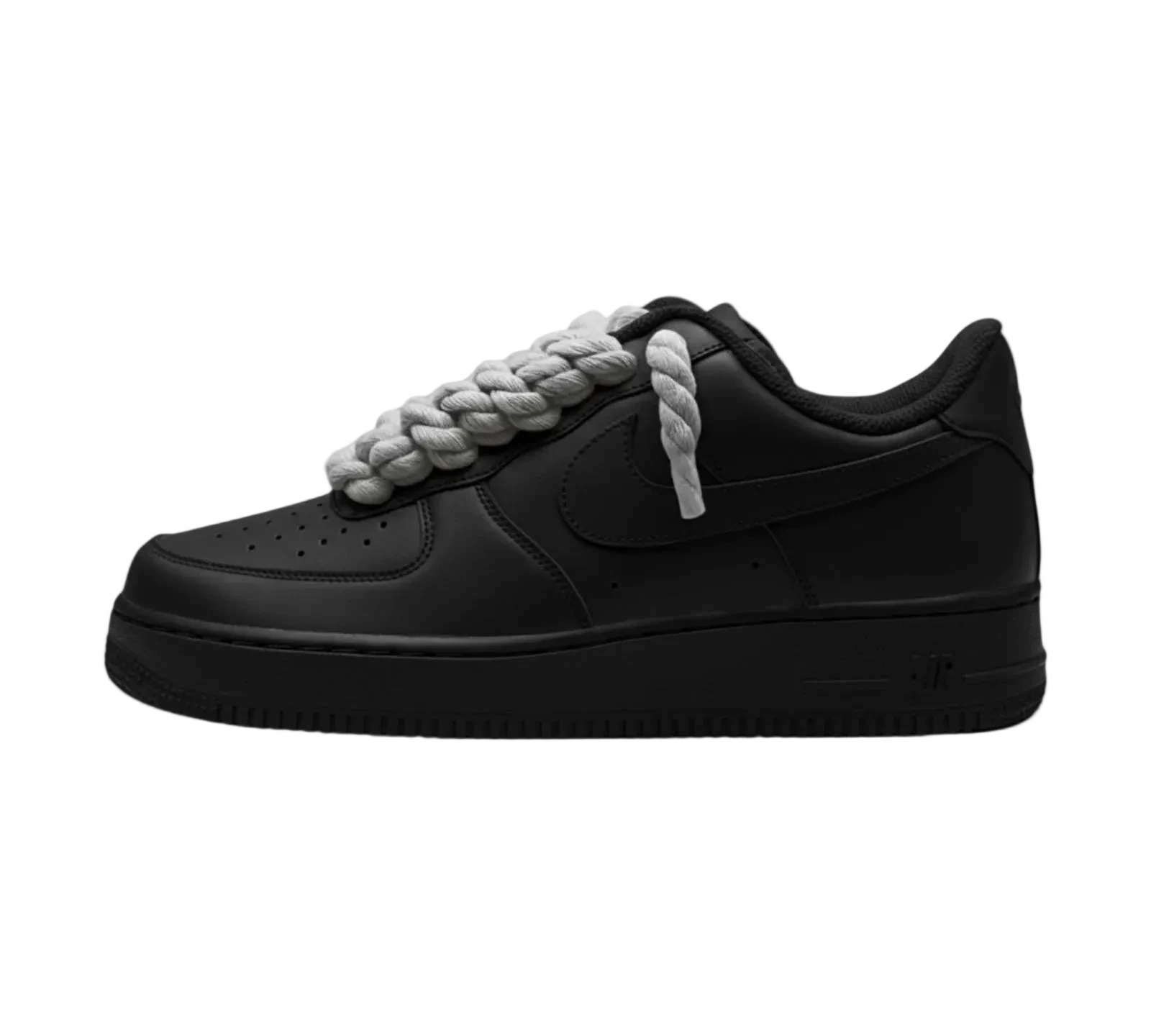 NIKE AIR FORCE 1 LOW 07 TRIPLE BLACK W/ GREY ROPE LACES