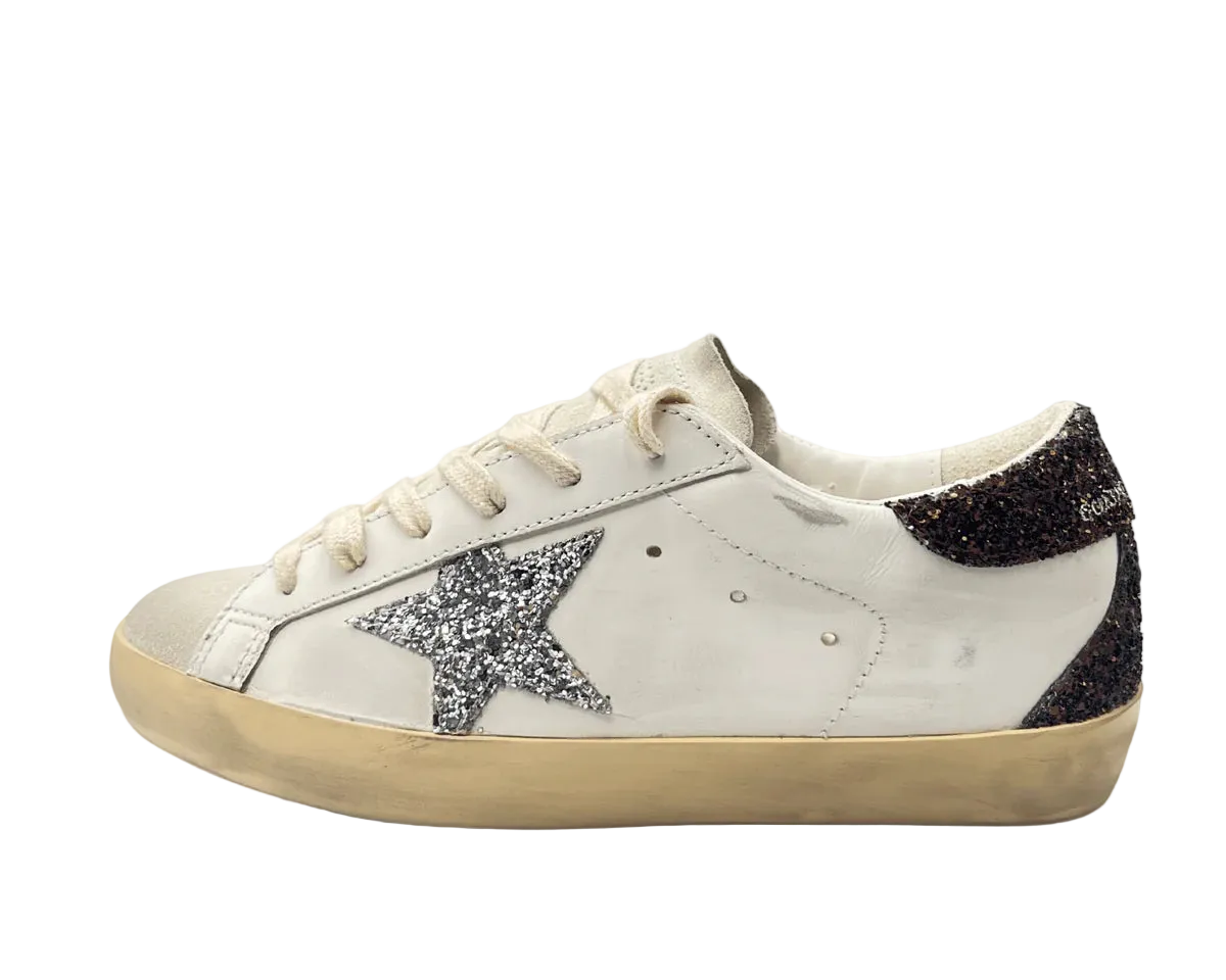 GOLDEN GOOSE SUPER-STAR WHITE BROWN GLITTER SILVER STAR