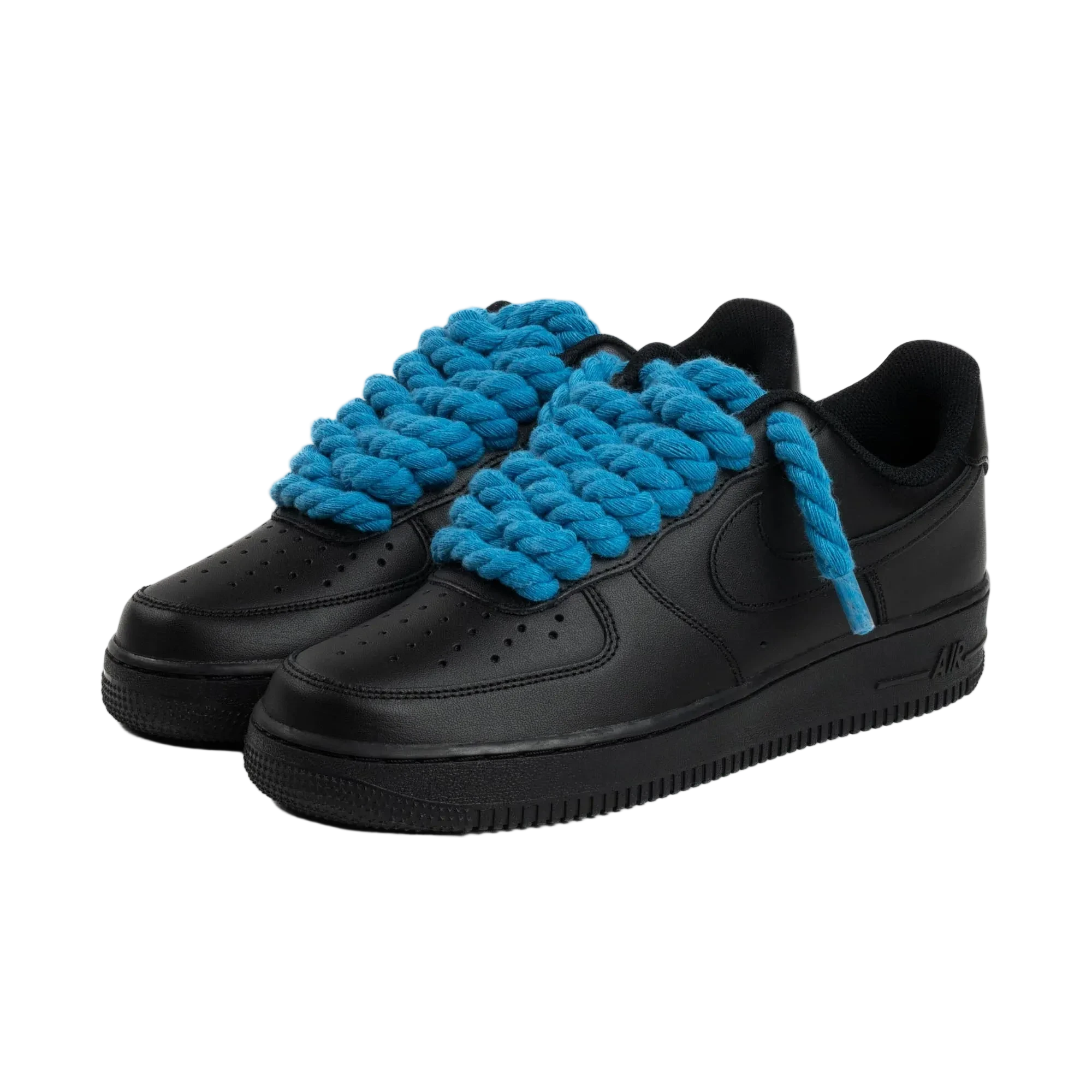 NIKE AIR FORCE 1 LOW 07 TRIPLE BLACK W/ BLUE ROPE LACES