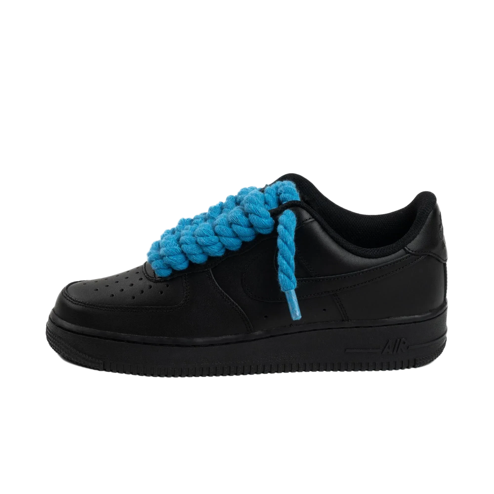 NIKE AIR FORCE 1 LOW 07 TRIPLE BLACK W/ BLUE ROPE LACES