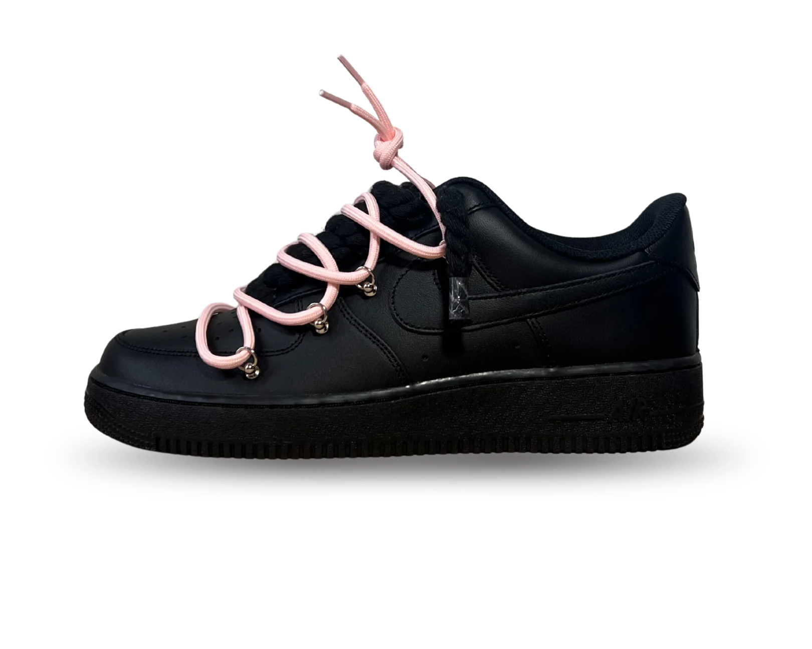 NIKE AIR FORCE 1 LOW 07 TRIPLE BLACK / BLACK ROPE DOUBLE PINK LACE