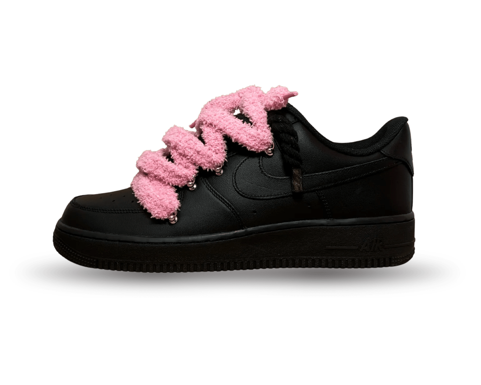 NIKE AIR FORCE 1 LOW 07 TRIPLE BLACK / BLACK ROPE FLUFFY PINK LACE () - Rdrop